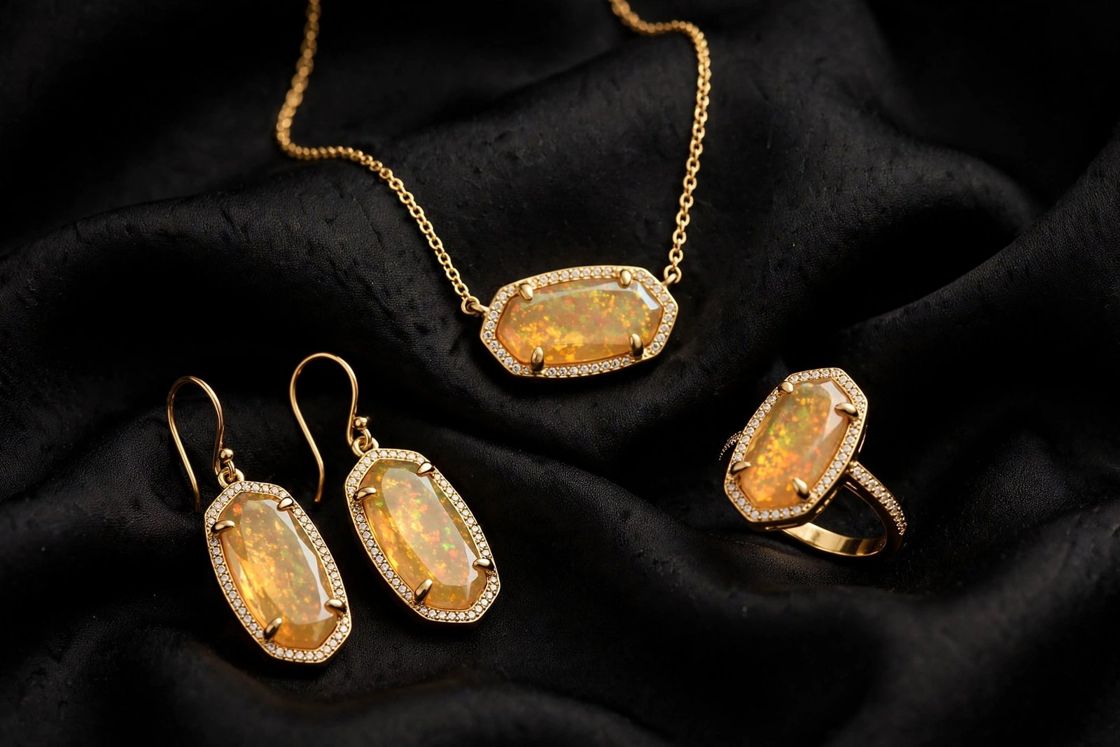 Black-and-gold editorial graphic with an elegant jewelry motif representing Kendra Scott's billion-dollar jewelry empire