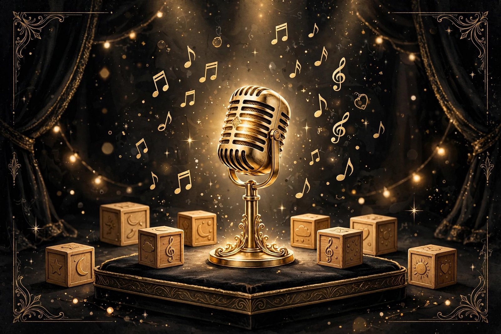 Ms Rachel net worth: golden microphone and children's learning blocks illustrating the Songs for Littles fortune